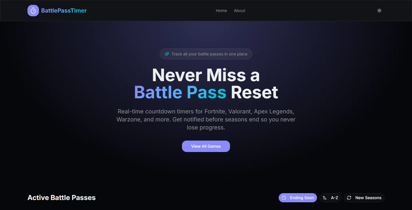 BattlePassTimer home page: never miss a battle pass reset
