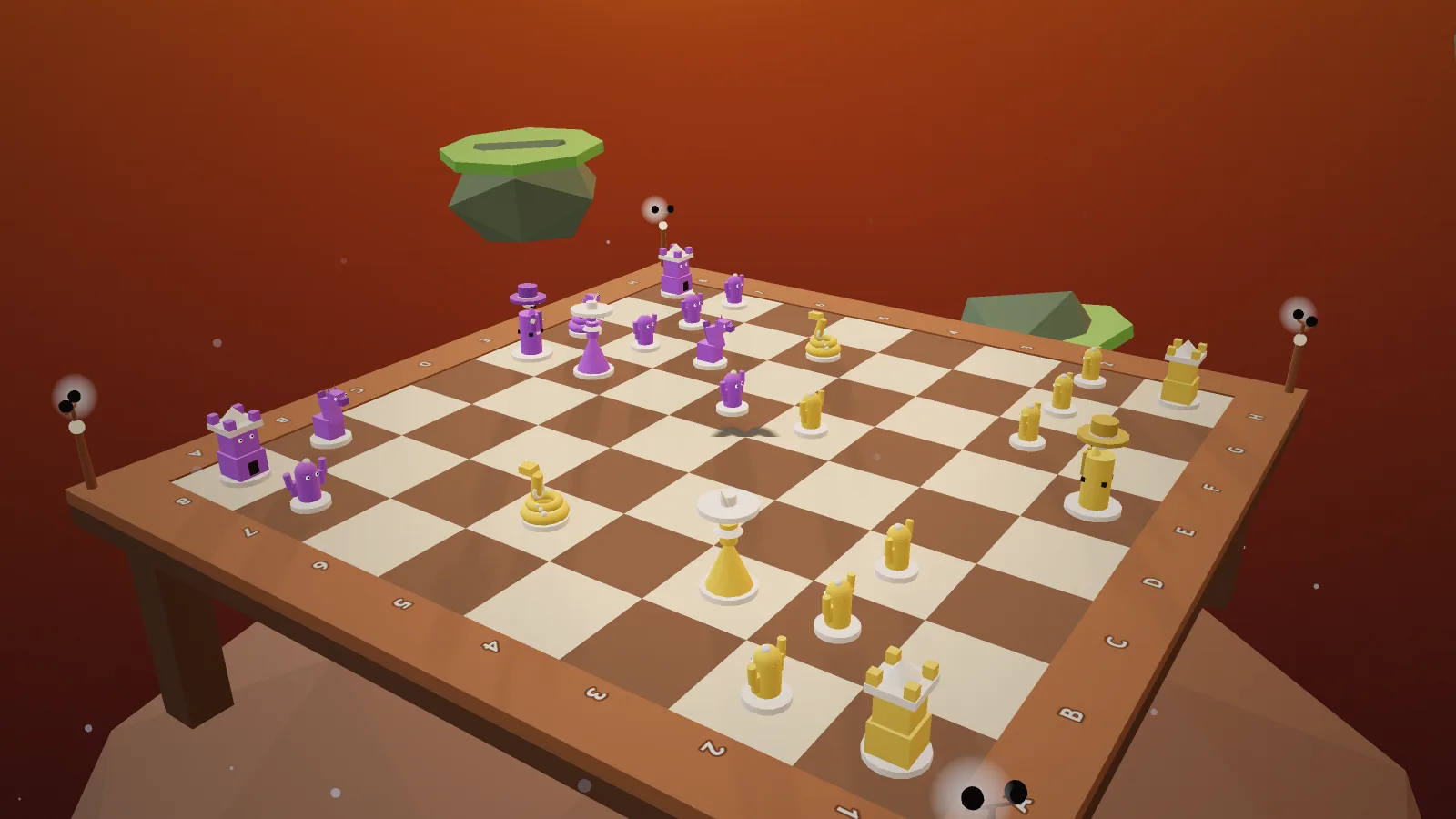 Checkmate Canyon: a chess duel with living purple and gold pieces
