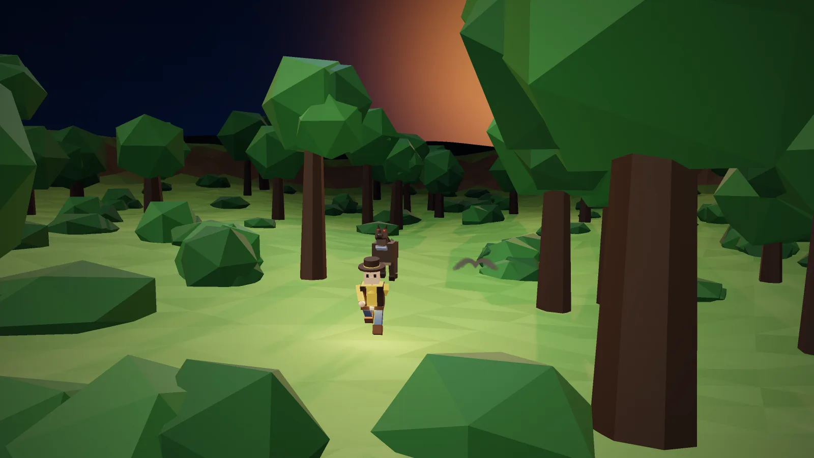 Curse Tag: a rancher runs from the werewolf through a low-poly forest at night