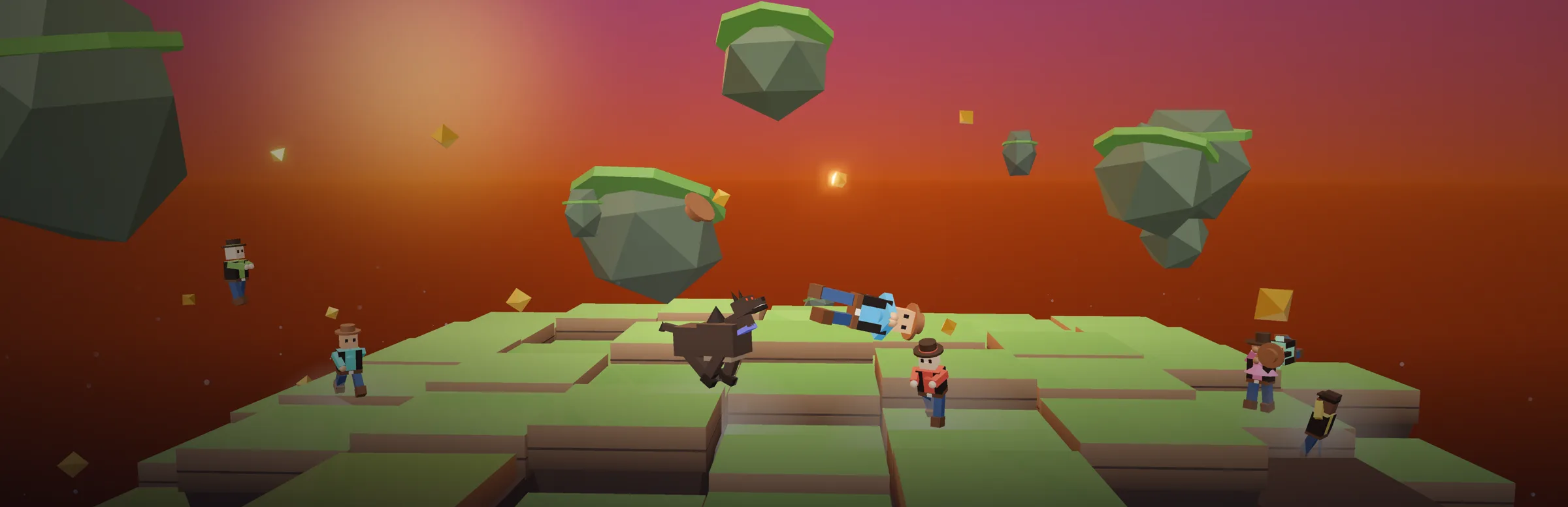 Big Party 3D: ranchers and a werewolf brawling on a floating grass island at sunset, one rancher thrown through the air
