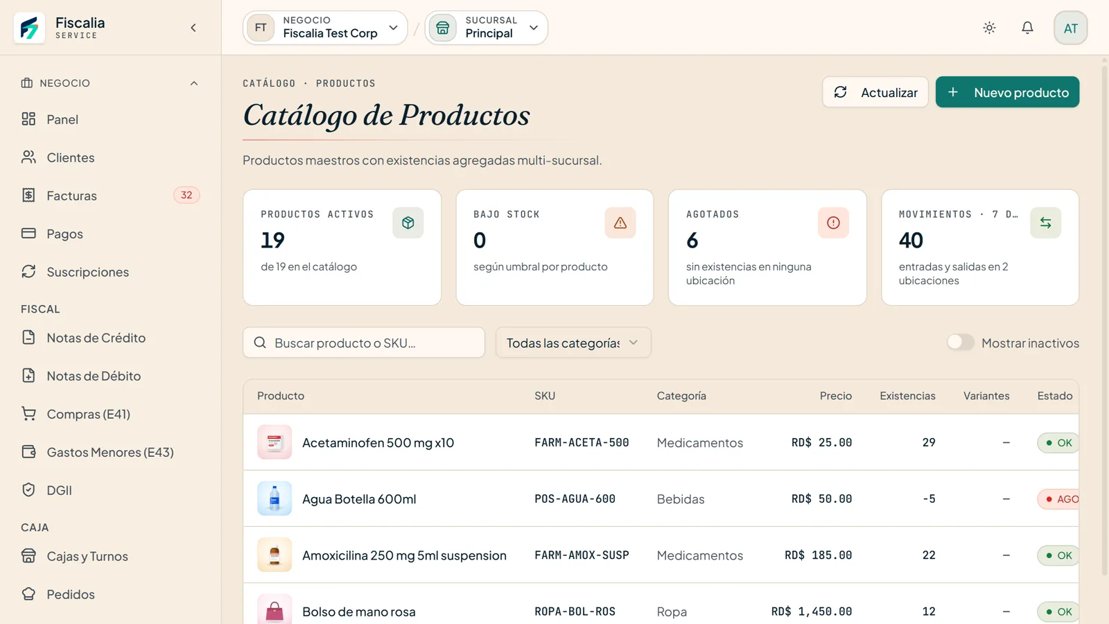 Fiscalia product catalog with stock counts across locations