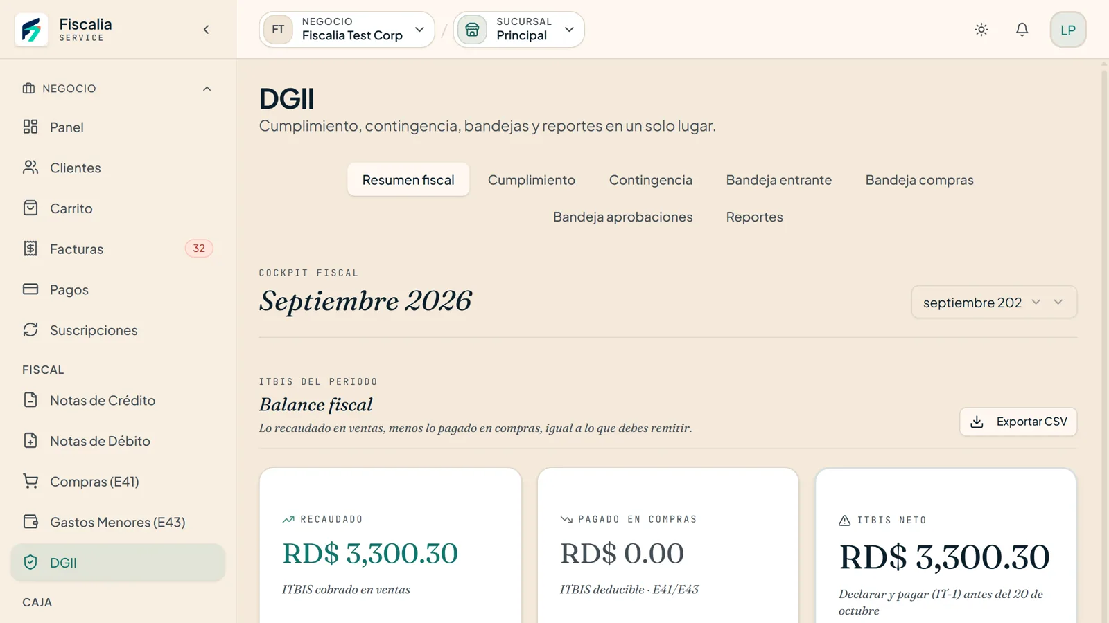 Fiscalia DGII cockpit: ITBIS collected, paid and net for September 2026, and e-NCF ranges by document type
