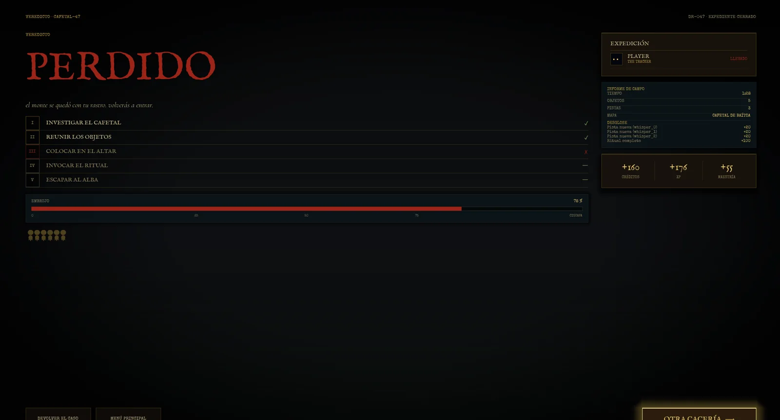 The Fixion results screen: PERDIDO, the objective checklist and the match rewards