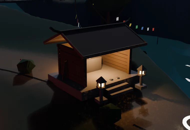 A lantern-lit shrine by the river