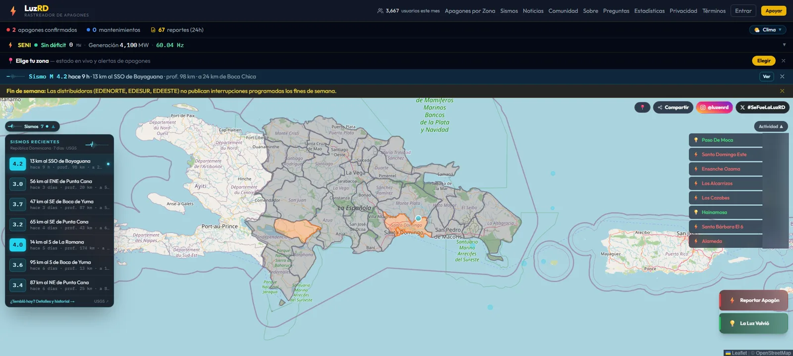 LuzRD live map of the Dominican Republic with outage zones, grid status and recent earthquakes